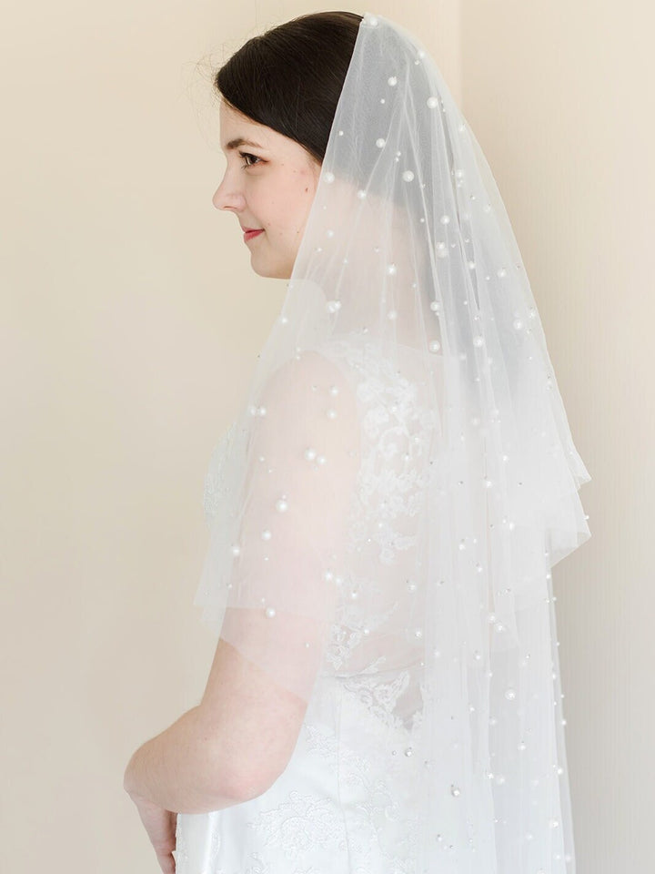 Ivory Wedding Veil with Pearls, Two Tier Bridal Veil with Scattered Pearls, Fingertip Length Wedding Veil - pearls, gold comb, tulle