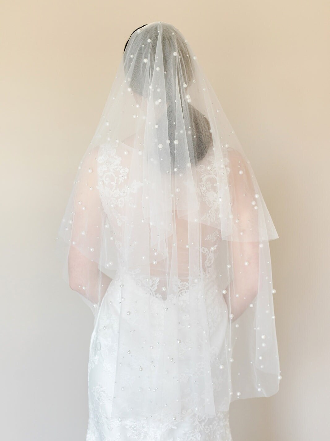 Ivory Wedding Veil with Pearls, Two Tier Bridal Veil with Scattered Pearls, Fingertip Length Wedding Veil - pearls, gold comb, tulle