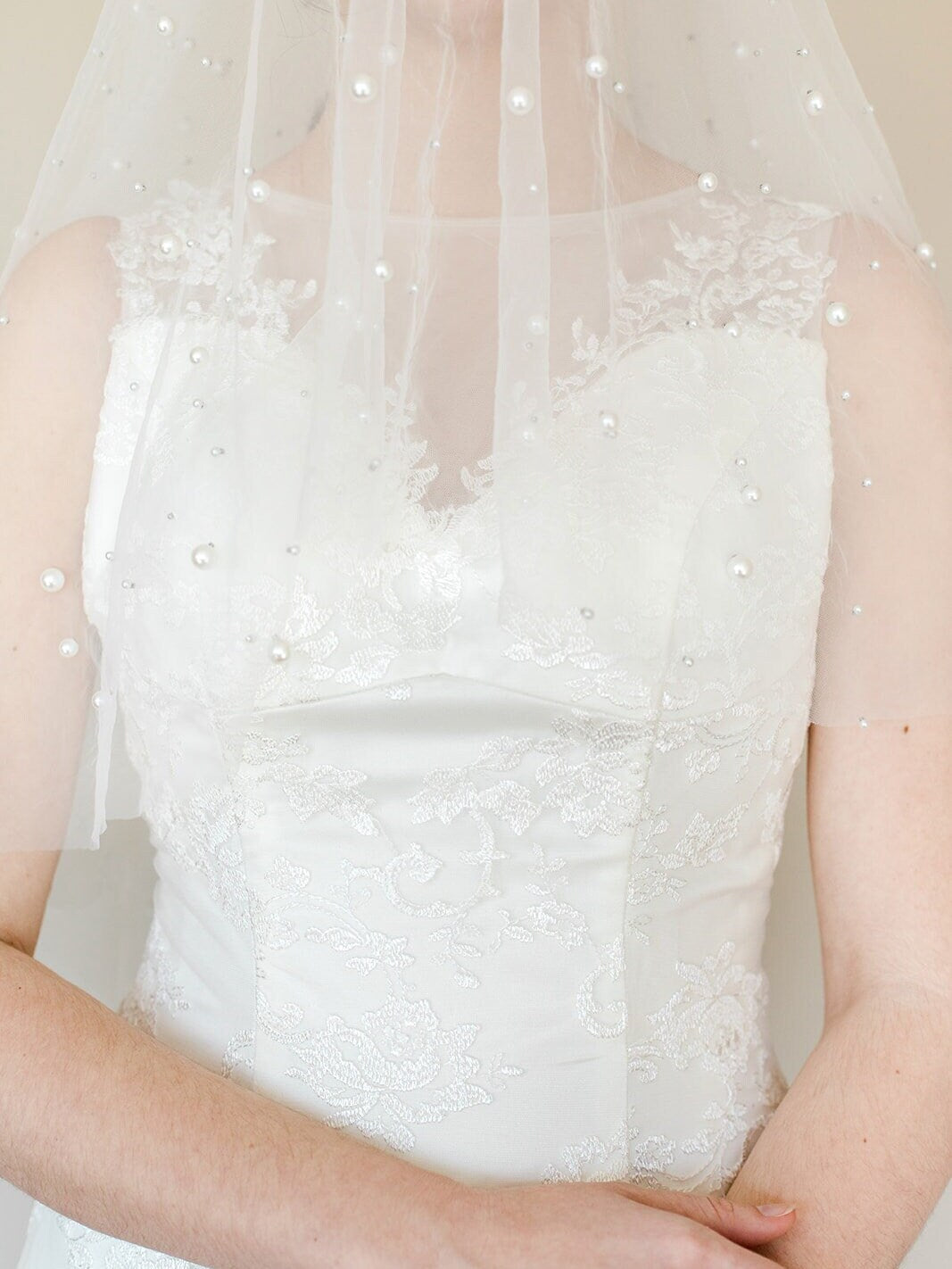 Ivory Wedding Veil with Pearls, Two Tier Bridal Veil with Scattered Pearls, Fingertip Length Wedding Veil - pearls, gold comb, tulle