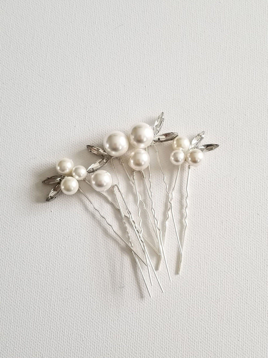 Pearl Wedding Hair Pins, Crystal Bridal Hair Pins, Large White Pearl Bridal Hair pins, Modern Pearl Hair Pins for the Bride - crystal navettes in settings, wire, U pins, shell pearls