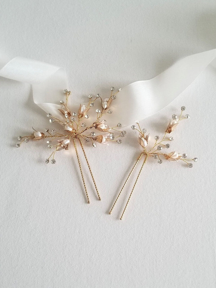 Pearl Wedding Hair Pins, Gold Pearl Blossom Bridal Hair Pins, Bohemian Crystal Freshwater Pearl Hair Pins For Bride - rhinestones, freshwater pearls, wire, metal flowers, metal hair pin