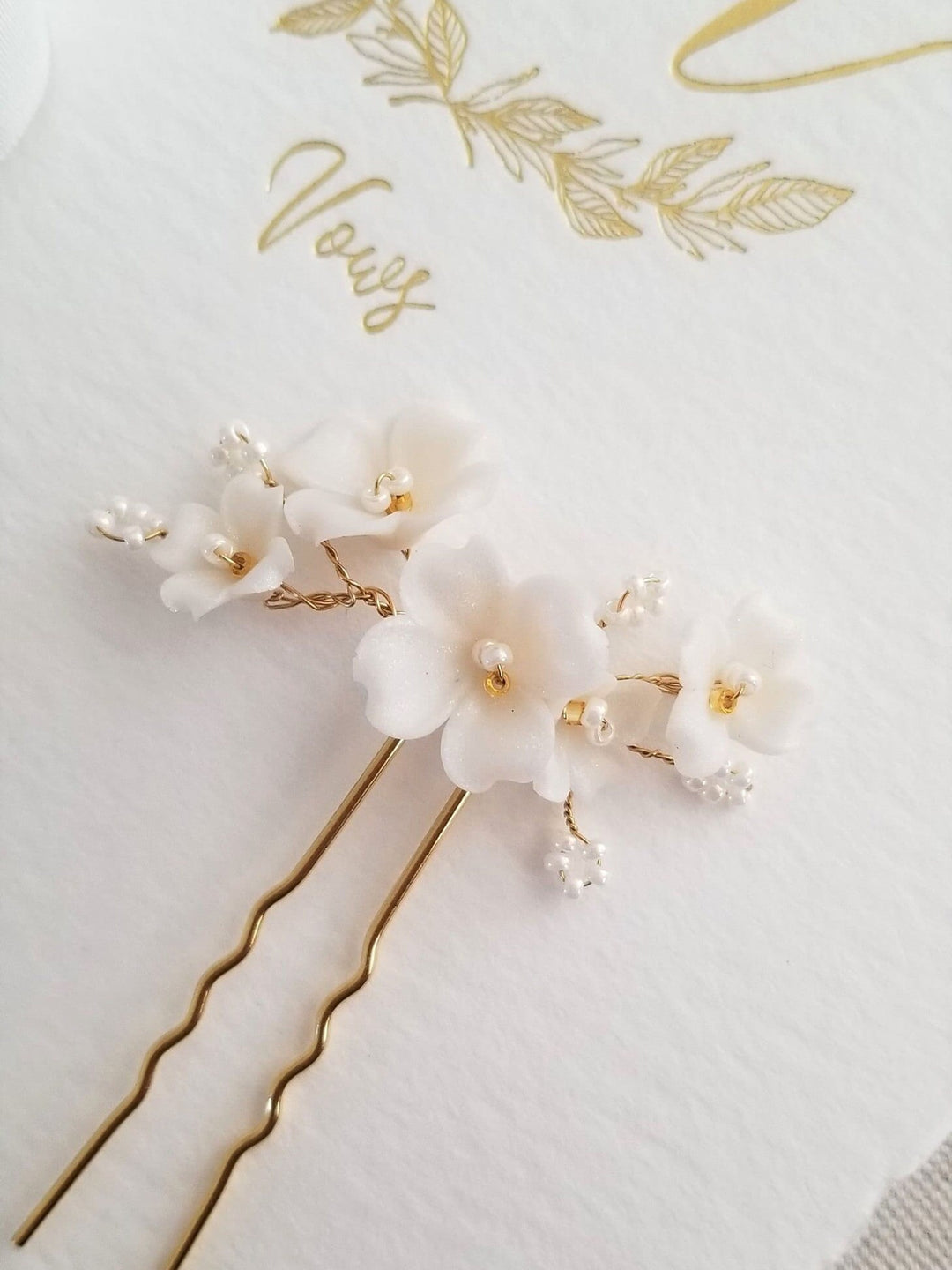 Gold Wedding Hair Pin with Clay Flowers, Floral Bridal Hair Pins, Polymer Clay Flower Hair Pin - metal hair pin, wire, seed beads, polymer clay flowers