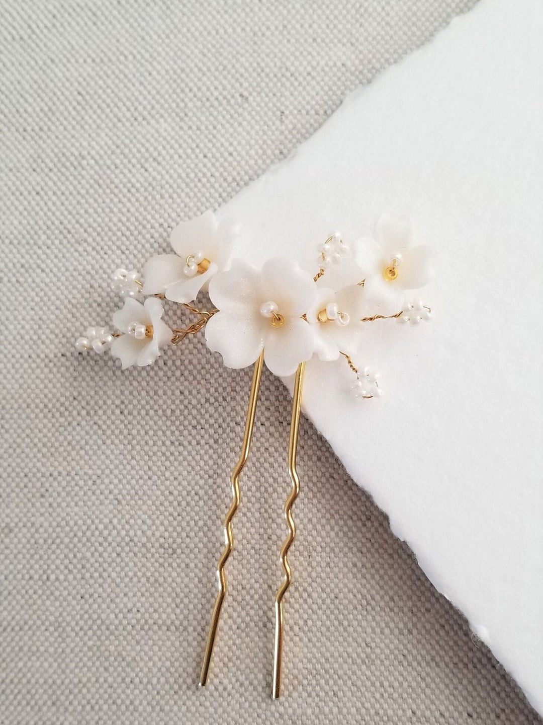 Gold Wedding Hair Pin with Clay Flowers, Floral Bridal Hair Pins, Polymer Clay Flower Hair Pin - metal hair pin, wire, seed beads, polymer clay flowers