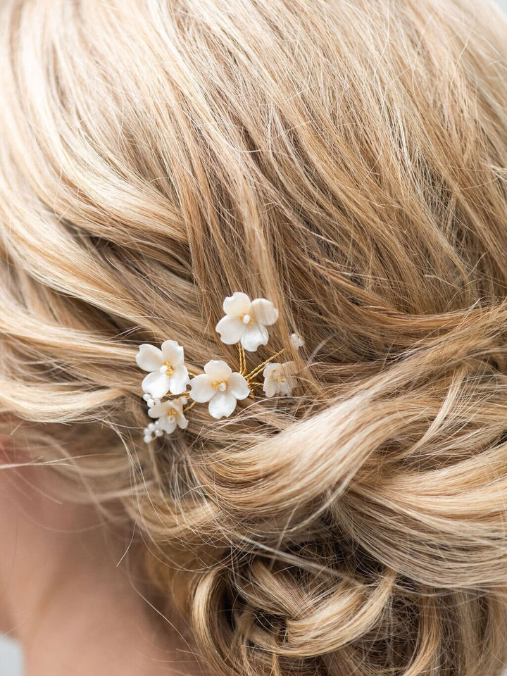 Gold Wedding Hair Pin with Clay Flowers, Floral Bridal Hair Pins, Polymer Clay Flower Hair Pin - metal hair pin, wire, seed beads, polymer clay flowers