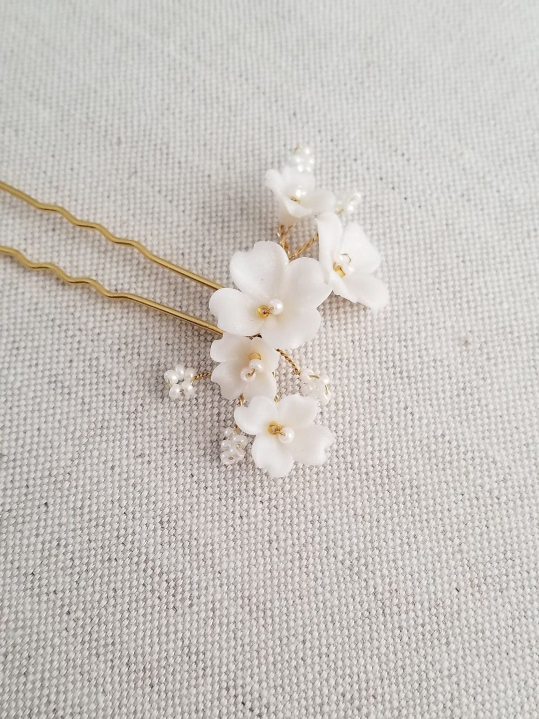 Gold Wedding Hair Pin with Clay Flowers, Floral Bridal Hair Pins, Polymer Clay Flower Hair Pin - metal hair pin, wire, seed beads, polymer clay flowers