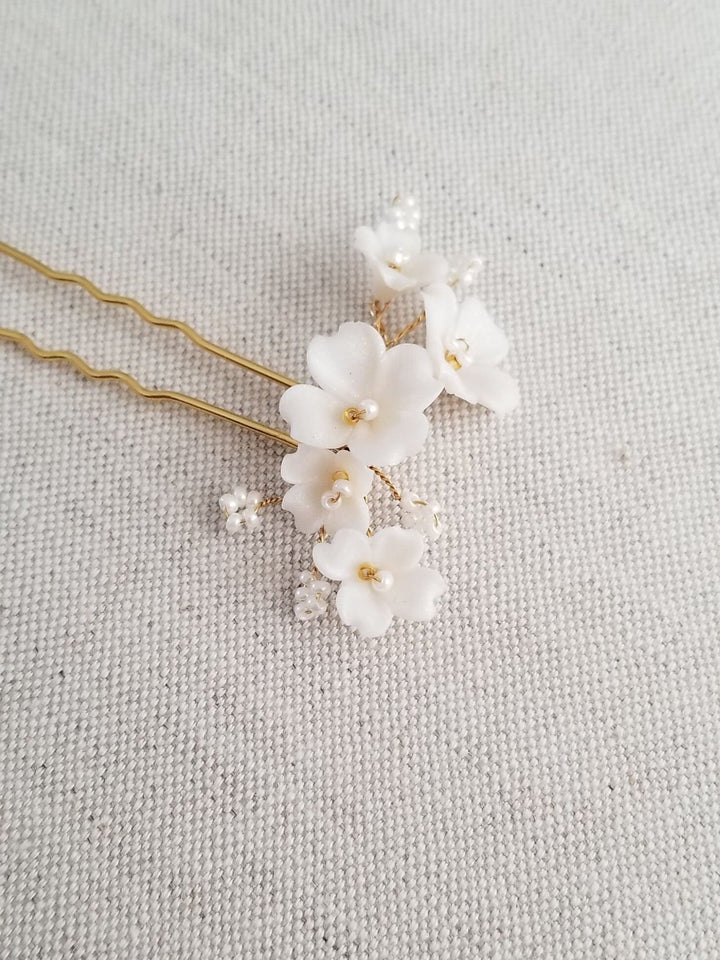 Gold Wedding Hair Pin with Clay Flowers, Floral Bridal Hair Pins, Polymer Clay Flower Hair Pin - metal hair pin, wire, seed beads, polymer clay flowers