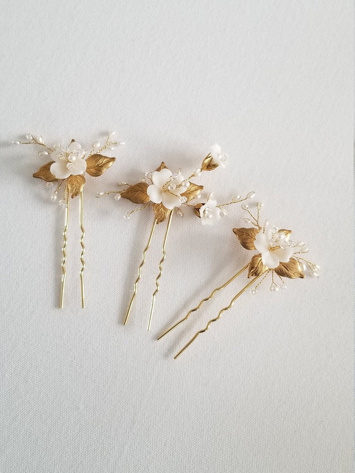 Wedding Hair Pins Gold with Clay Flowers, Floral Gold Bridal Hair Pins, Freshwater Pearl Wedding Hair Pins - freshwater pearls, wire, metal leaves, clay flowers, crystals