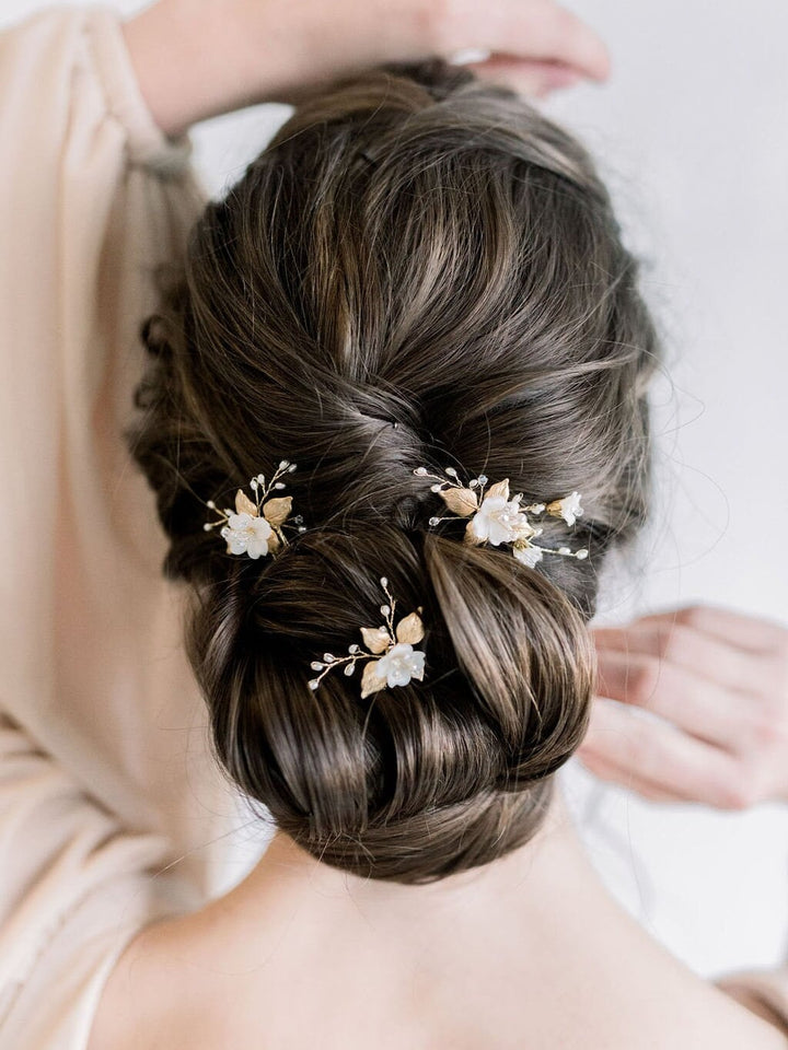 Wedding Hair Pins Gold with Clay Flowers, Floral Gold Bridal Hair Pins, Freshwater Pearl Wedding Hair Pins - freshwater pearls, wire, metal leaves, clay flowers, crystals