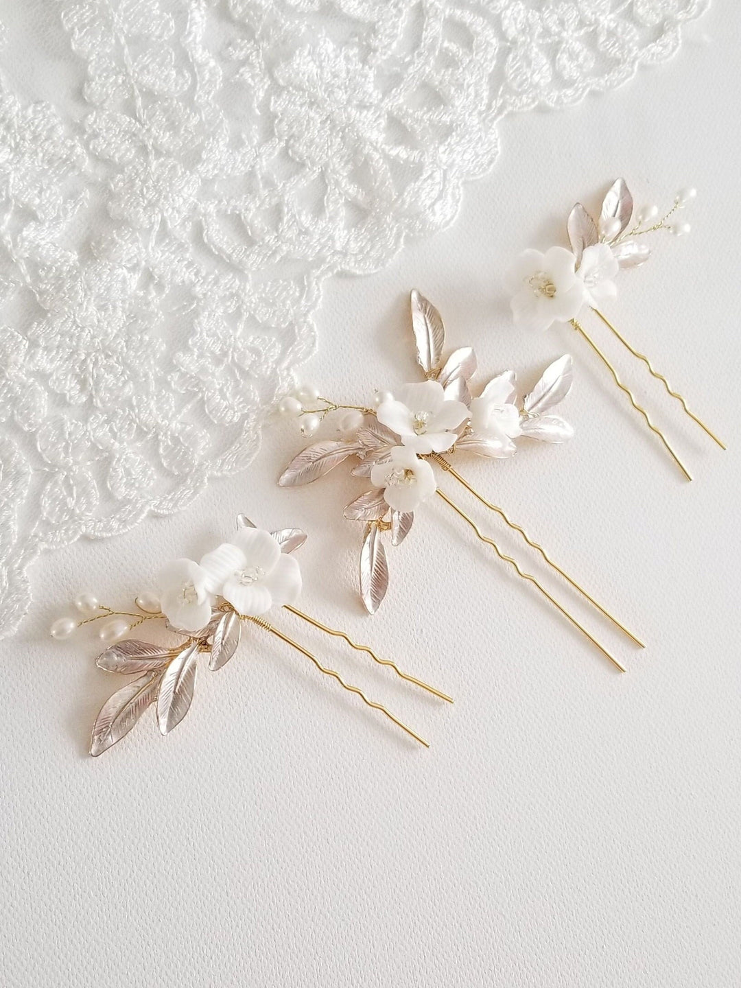 Floral Bridal Hair Pins, Porcelain Flower Hair Accessory, Wedding Hair Pins, Bridal Hair Accessory - porcelain flowers, wire, seed beads, metal leaves, freshwater pearls, 18K gold plated hair pins