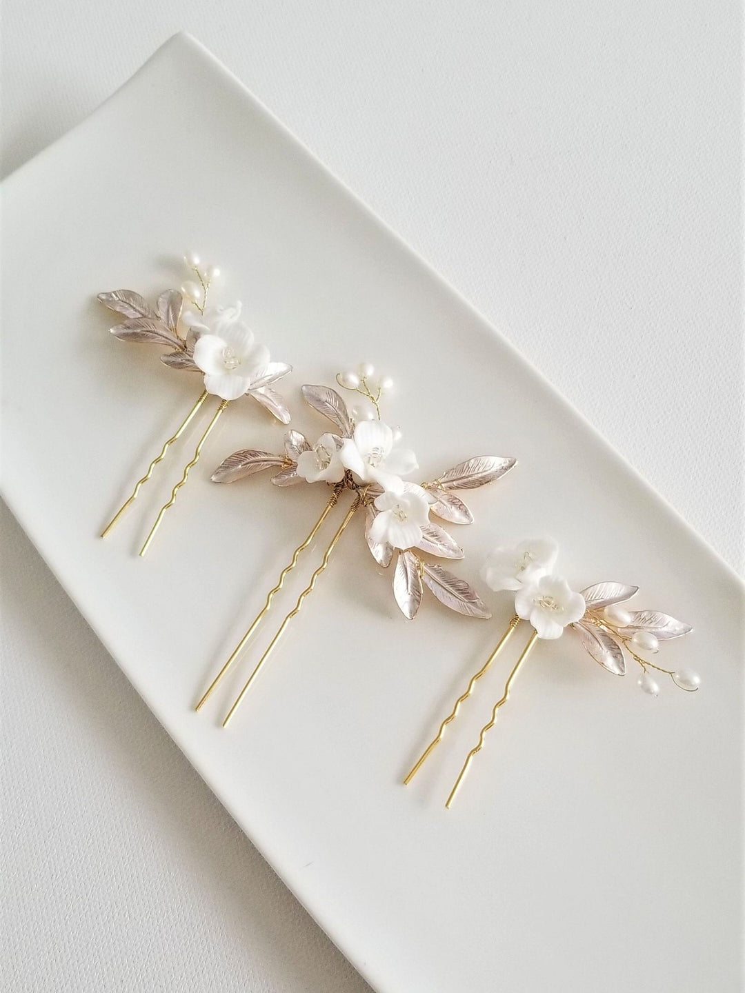 Floral Bridal Hair Pins, Porcelain Flower Hair Accessory, Wedding Hair Pins, Bridal Hair Accessory - porcelain flowers, wire, seed beads, metal leaves, freshwater pearls, 18K gold plated hair pins