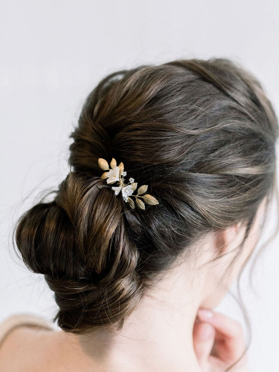 Gold Wedding Hair Pin with Clay Flowers, Gold Floral Bridal Hair Pins, Porcelain Flower Hair Pins - metal hair pin, wire, metal leaves, clay flowers, seed beads