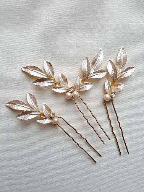 Wedding Hair Pins Gold Leaf, Gold Hair Pins, Bridal Hair Pins, Olive Branch Hair Pins, Silver Leaf Hair Pins - metal hair pin, wire, metal leaves, freshwater pearls, crystal rhinestones