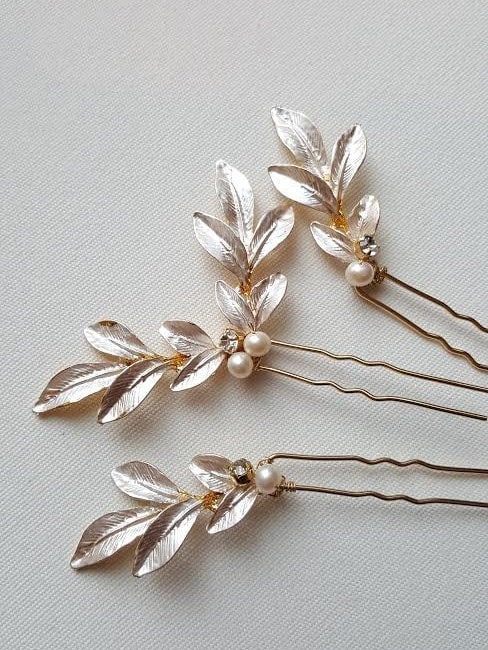 Wedding Hair Pins Gold Leaf, Gold Hair Pins, Bridal Hair Pins, Olive Branch Hair Pins, Silver Leaf Hair Pins - metal hair pin, wire, metal leaves, freshwater pearls, crystal rhinestones