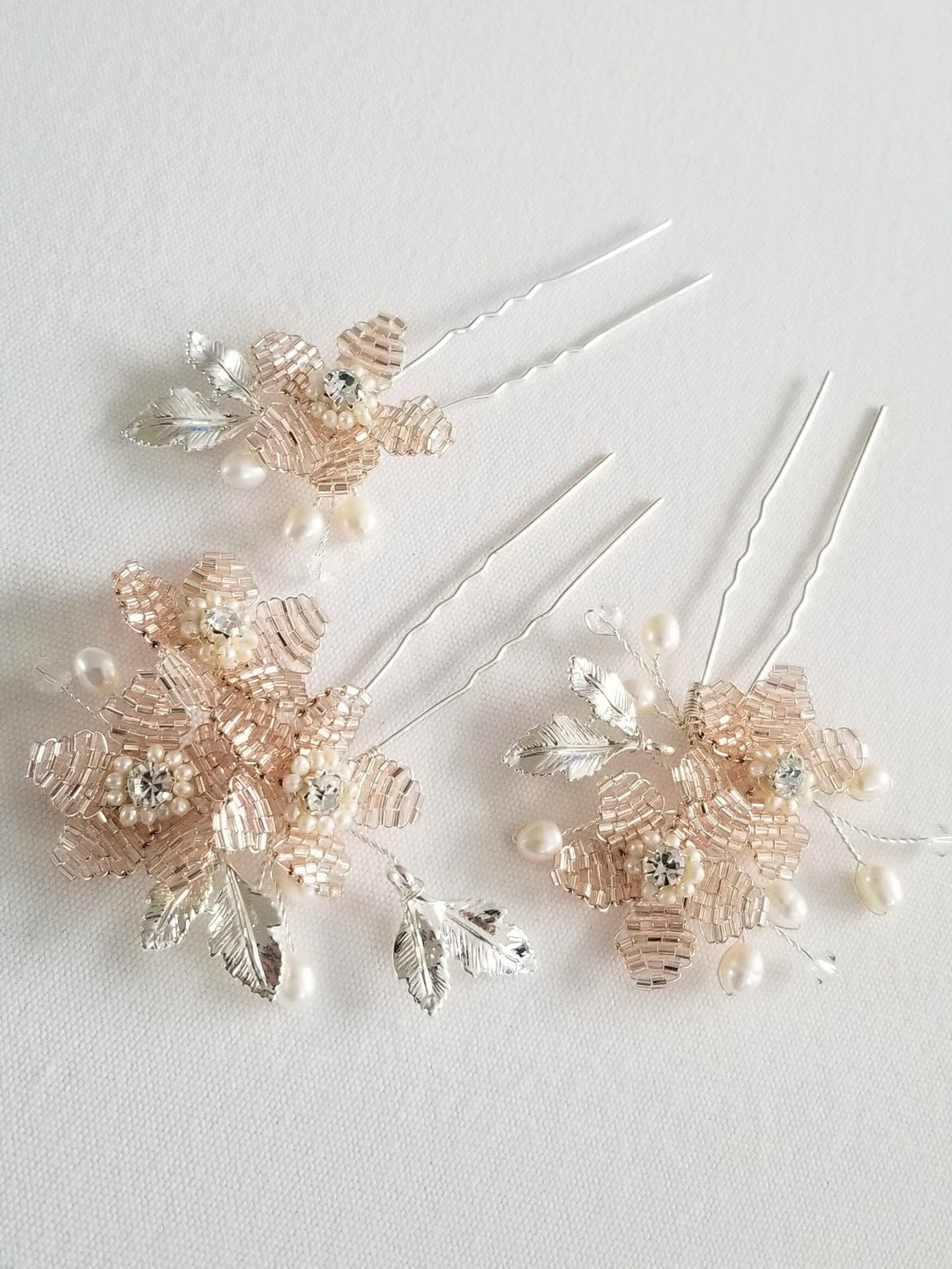 Wedding Hair Pins Silver Blush Pink, Floral Bridal Hair Pins, Freshwater Pearl Wedding Hair Pins - freshwater pearls, wire, rhinestones, metal flower, metal leaves