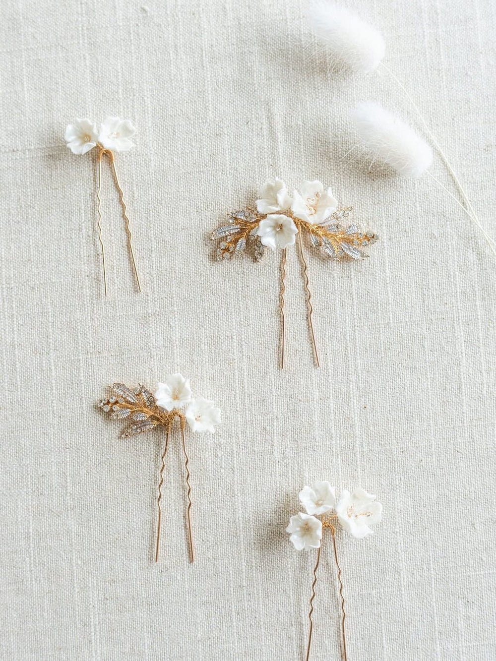 Wedding Hair Pin with Porcelain Flowers, Floral Bridal Hair Pins, Gold Flower Hair Pins For Bride - metal hair pin, wire, seed beads, porcelain flowers, metal leaves