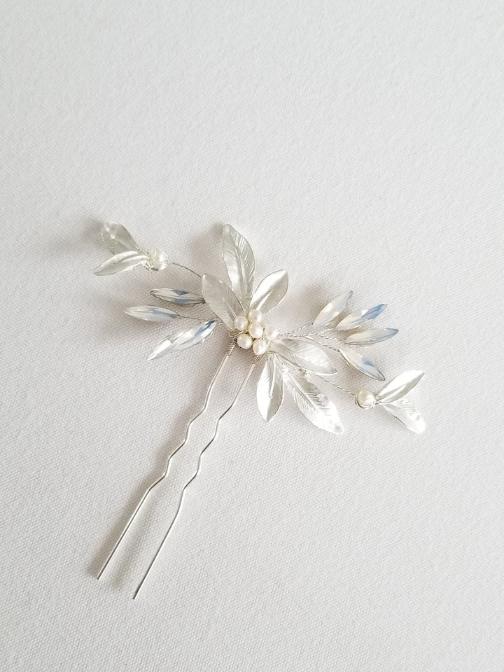 Gold Leaf Wedding Hair Pin, Silver Pearl Bridal Hair Pin, Wedding Hair Accessory - wire, rhinestones, metal leaves, metal hair pin