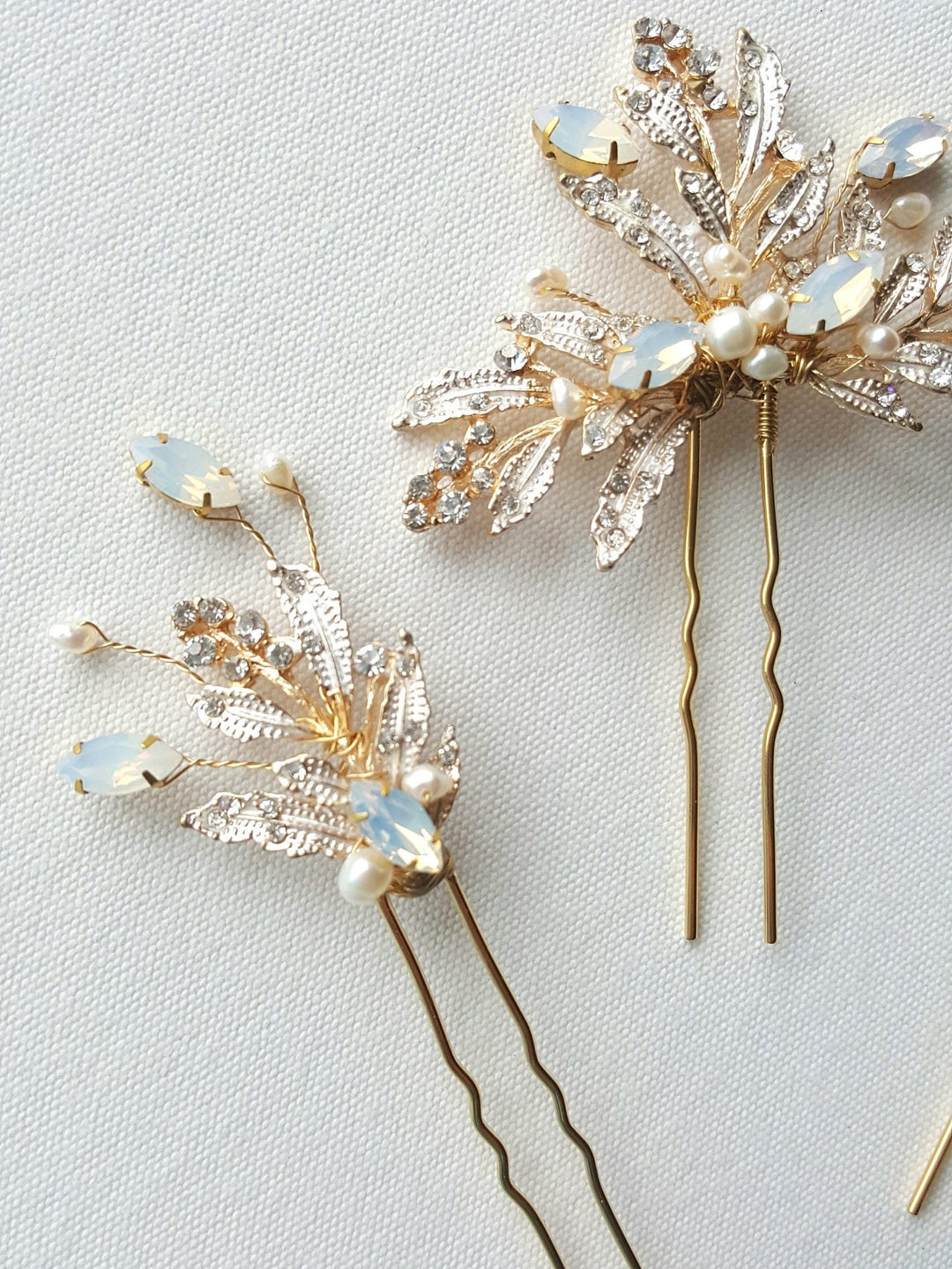 Gold Wedding Hair Pins, Gold Pearl Hair Pins, Pearl Wedding Hair Pins, Crystal Freshwater Pearl, White Opal Crystal Bridal Hair Pins - Metal Hair Pins, Wire, Freshwater Pearls, Navette Rhinestones