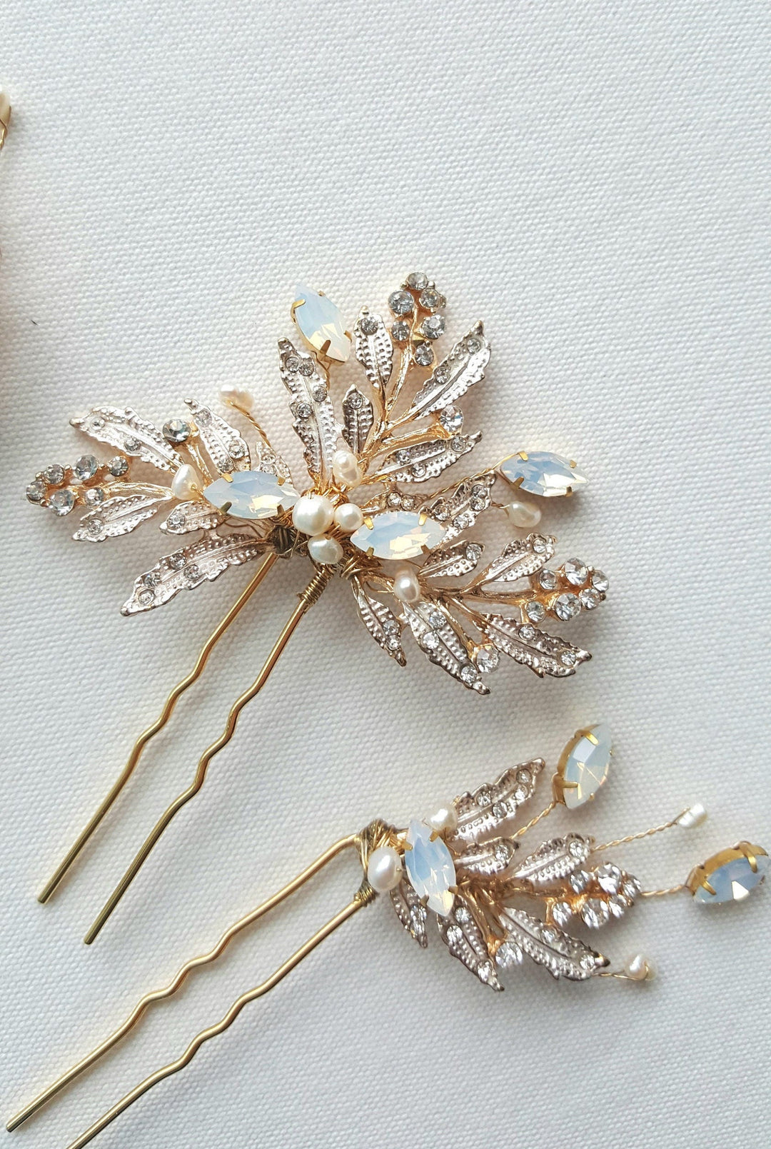 Gold Wedding Hair Pins, Gold Pearl Hair Pins, Pearl Wedding Hair Pins, Crystal Freshwater Pearl, White Opal Crystal Bridal Hair Pins - Metal Hair Pins, Wire, Freshwater Pearls, Navette Rhinestones