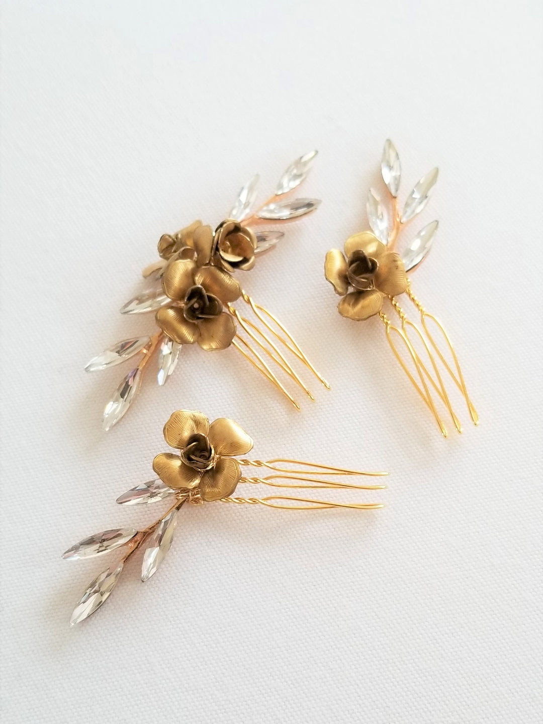 Crystal Gold Bridal Hair Pins, Wedding Crystal Gold Hair Pins, Bridal Hair Pins with Crystal Twigs, Brass Rose Hair Pins For Bride - wire, metal hair pins, crystals, brass roses