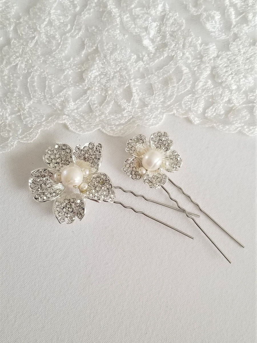 Pearl Bridal Hair Pins, Crystal Freshwater Pearl Wedding Hair Pins, Floral Bridal Hair Pins - Metal Hair Pins, Freshwater Pearls, Crystals, Metal Flowers, Wire