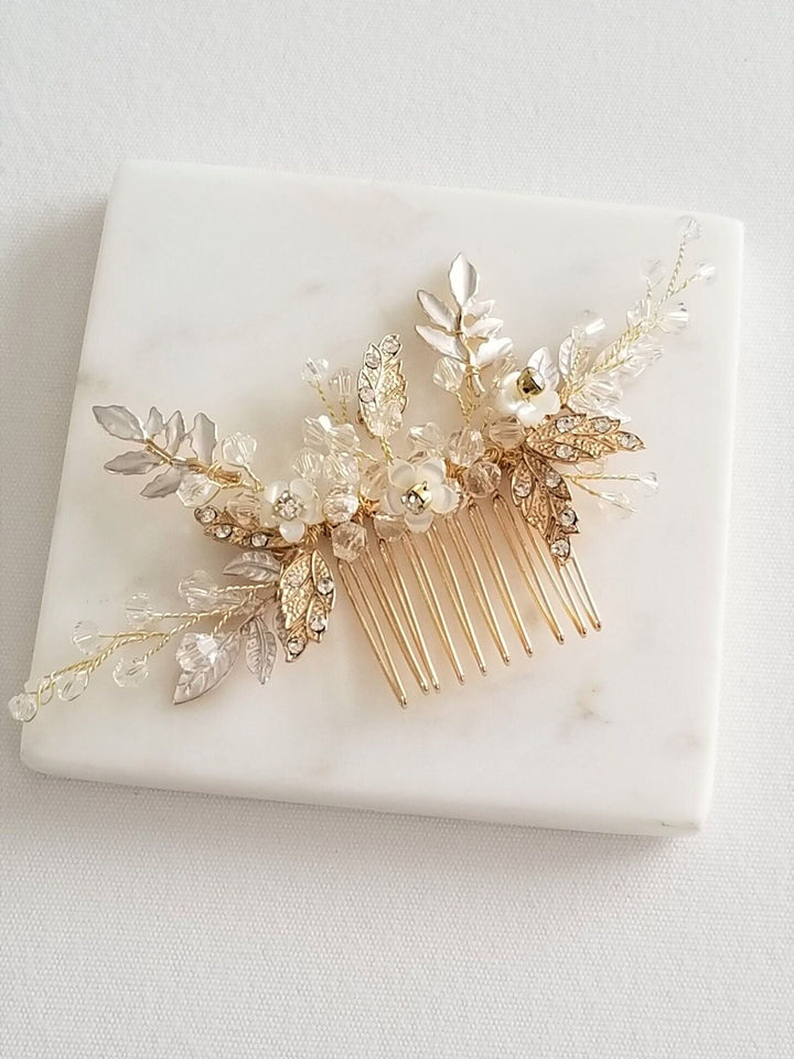 Bridal Hair Comb, Crystal Wedding Hair Comb, Silver Wedding Hair Comb - crystals, rhinestones, wire, metal comb, metal leaves, mother of pearl flowers