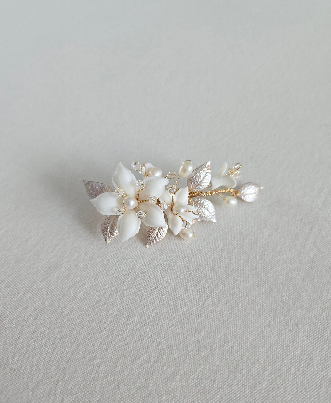 Wedding Hair Clip With Porcelain Flowers and Freshwater Pearls, Small Floral Wedding Hair Barrette, Clay Flower Side Hair Clip For Bride - wire, porcelain flowers, freshwater pearls, alligator clip, crystals, metal leaves