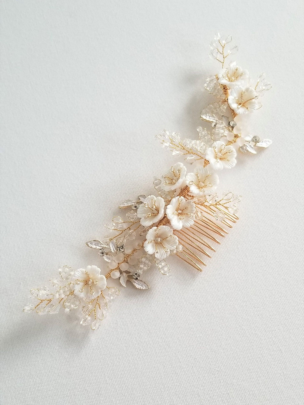 Floral Bridal Headpiece with Crystals, Porcelin Flower Hair Comb, Bridal Floral Crystal Headpiece, Gold Wedding Hair Comb - crystal rhinestones, wire, gold toned comb, metal leaves, porcelain flowers, seed beads, glass beads, crystals