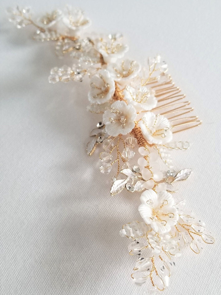 Floral Bridal Headpiece with Crystals, Porcelin Flower Hair Comb, Bridal Floral Crystal Headpiece, Gold Wedding Hair Comb - crystal rhinestones, wire, gold toned comb, metal leaves, porcelain flowers, seed beads, glass beads, crystals