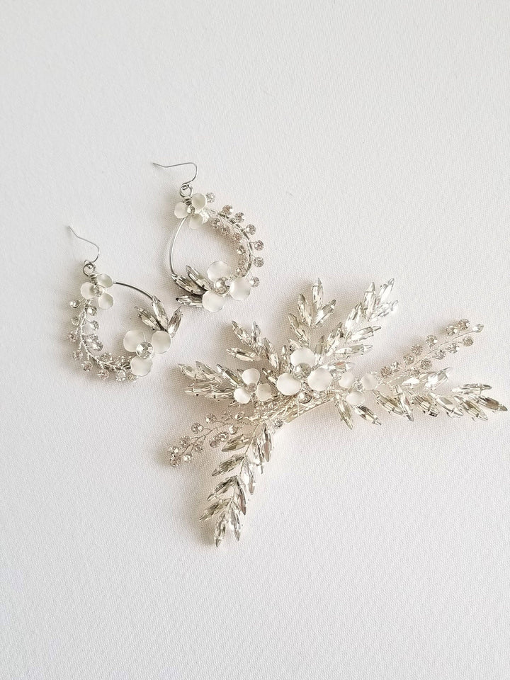 Wedding Earring Hair Clip Set, Floral Crystal Crystal hair Clip and Matching Earring Set, Floral Hoop Wedding Earrings - alligator clip, wire, rhinestones, metal flowers, ear hooks