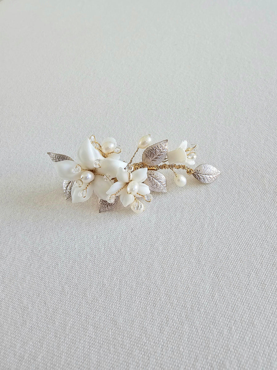 Wedding Hair Clip With Porcelain Flowers and Freshwater Pearls, Small Floral Wedding Hair Barrette, Clay Flower Side Hair Clip For Bride - wire, porcelain flowers, freshwater pearls, alligator clip, crystals, metal leaves