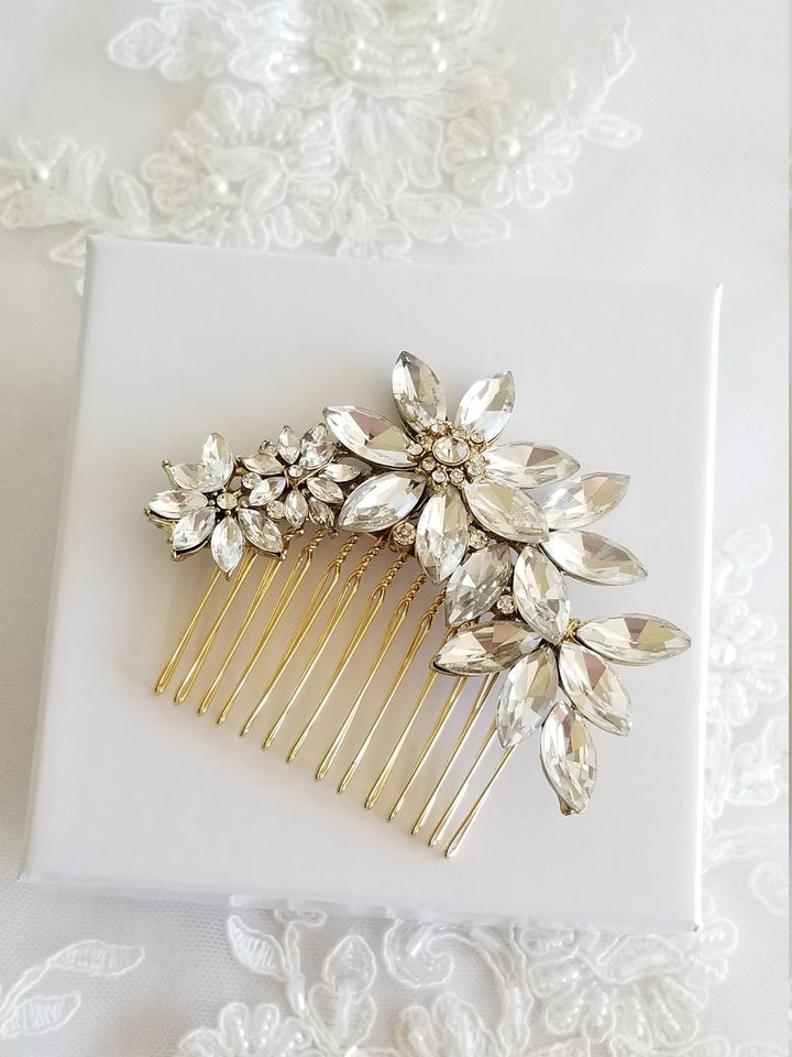 Crystal Bridal Hair Comb, Gold Bridal Hair Comb, Floral Crystal Wedding Hair Comb, Side Hair Comb For Bride - crystals, alloy jewelry component, wire, 18 kt gold plated comb