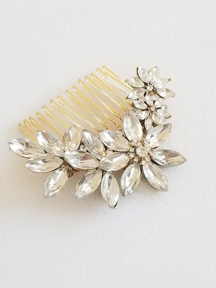 Crystal Bridal Hair Comb, Gold Bridal Hair Comb, Floral Crystal Wedding Hair Comb, Side Hair Comb For Bride - crystals, alloy jewelry component, wire, 18 kt gold plated comb