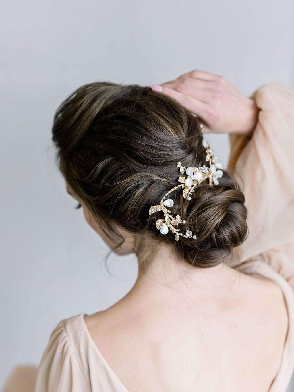 Gold Bridal Headpiece with Mother of Pearl, Wedding Vine Hair Clip, Bridal Crystal Headpiece, Gold Wedding Hair Vine, Gold Twig Headpiece - crystal rhinestones, gold metal settings, alligator clip, wire, freshwater pearls, mother of pearl beads