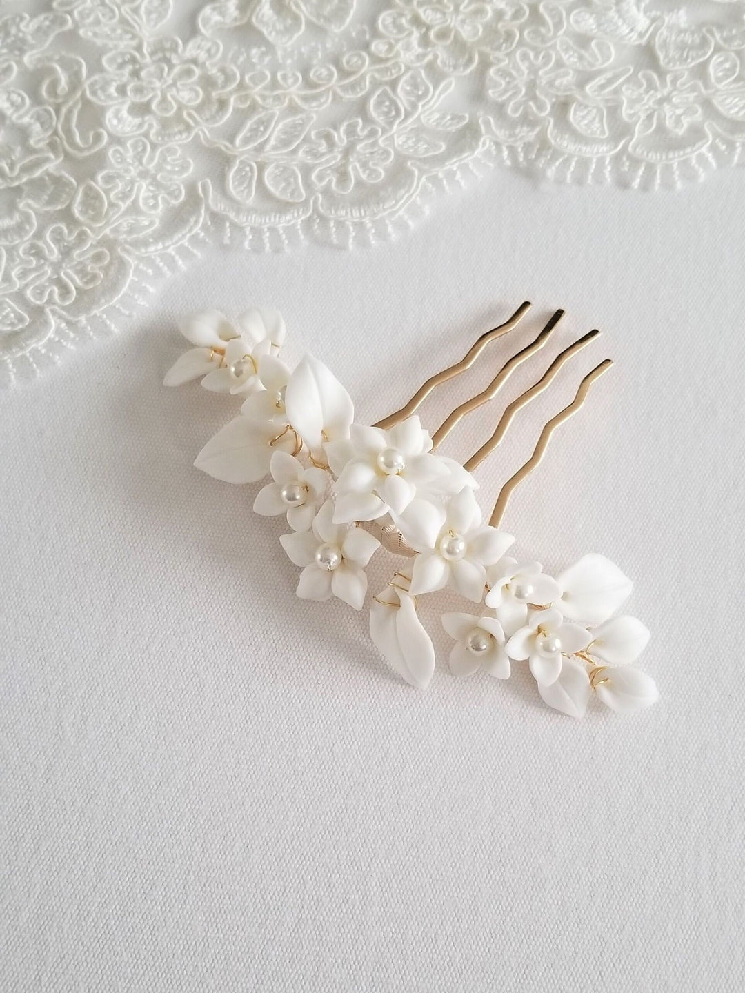 Gold Wedding Hair Comb Porcelain Flowers, Gold Floral Wedding Hair Comb, Clay Flower Bridal Hair Comb - wire, metal comb, porcelain flowers, faux pearls