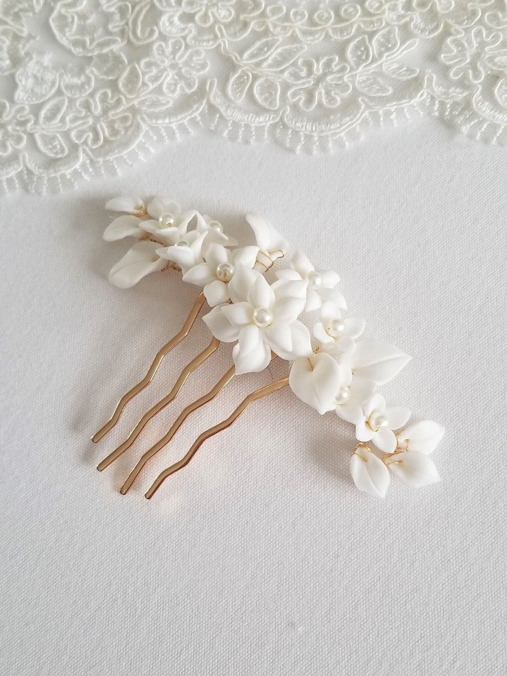 Gold Wedding Hair Comb Porcelain Flowers, Gold Floral Wedding Hair Comb, Clay Flower Bridal Hair Comb - wire, metal comb, porcelain flowers, faux pearls