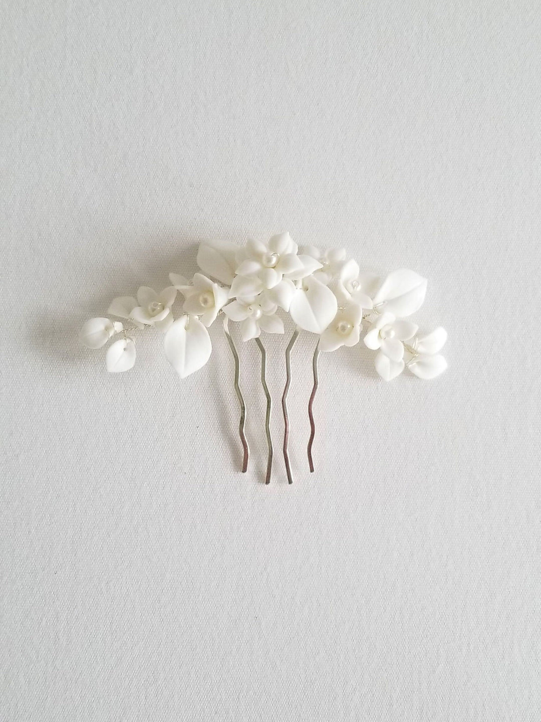 Gold Wedding Hair Comb Porcelain Flowers, Gold Floral Wedding Hair Comb, Clay Flower Bridal Hair Comb - wire, metal comb, porcelain flowers, faux pearls