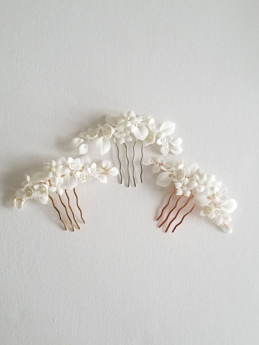 Gold Wedding Hair Comb Porcelain Flowers, Gold Floral Wedding Hair Comb, Clay Flower Bridal Hair Comb - wire, metal comb, porcelain flowers, faux pearls