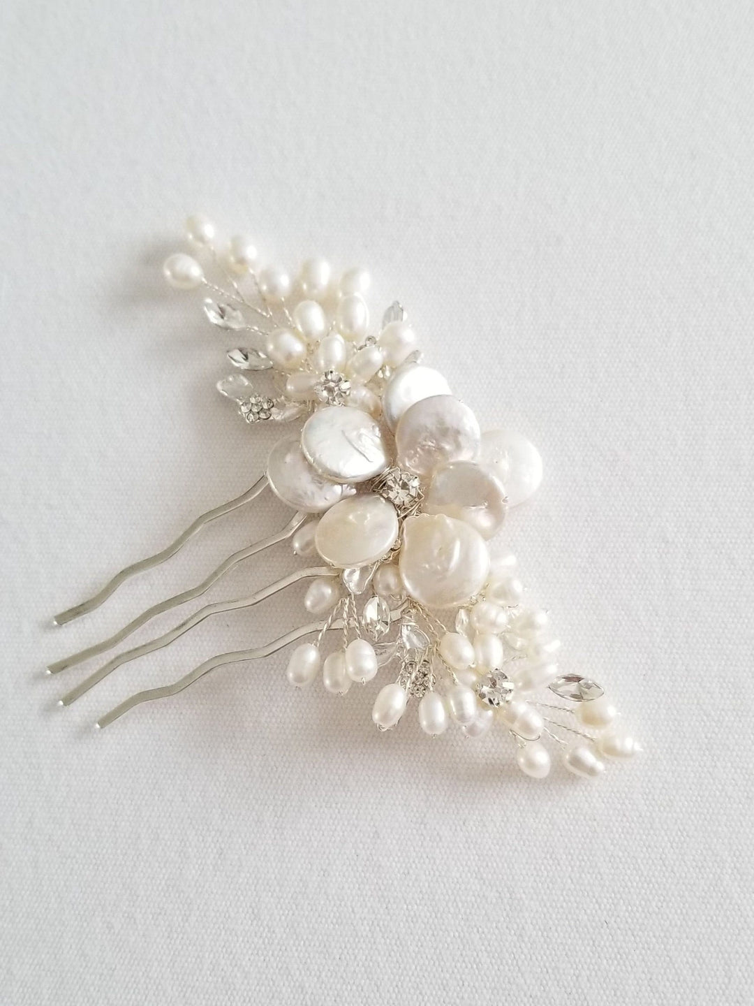 Freshwater Pearl Wedding Hair Comb, Pearl Crystal Bridal Hair Comb, Real Pearl Hair Comb for Bride - freshwater pearls, crystal rhinestones, wire, metal comb, metal leaves