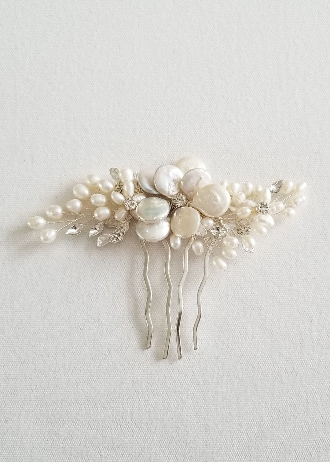 Freshwater Pearl Wedding Hair Comb, Pearl Crystal Bridal Hair Comb, Real Pearl Hair Comb for Bride - freshwater pearls, crystal rhinestones, wire, metal comb, metal leaves