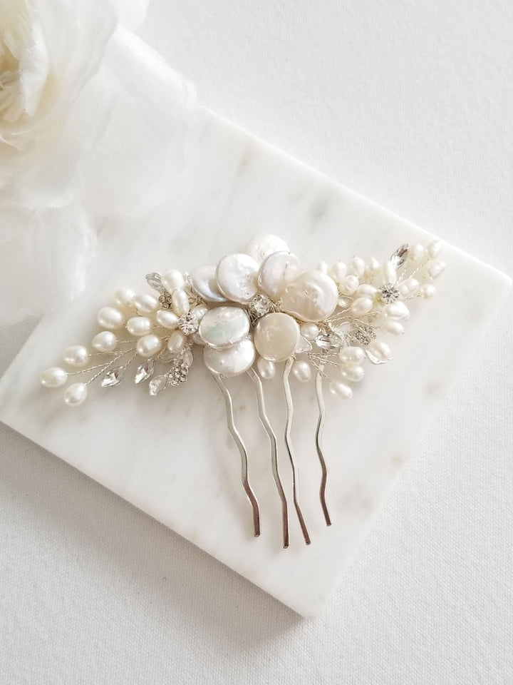 Freshwater Pearl Wedding Hair Comb, Pearl Crystal Bridal Hair Comb, Real Pearl Hair Comb for Bride - freshwater pearls, crystal rhinestones, wire, metal comb, metal leaves