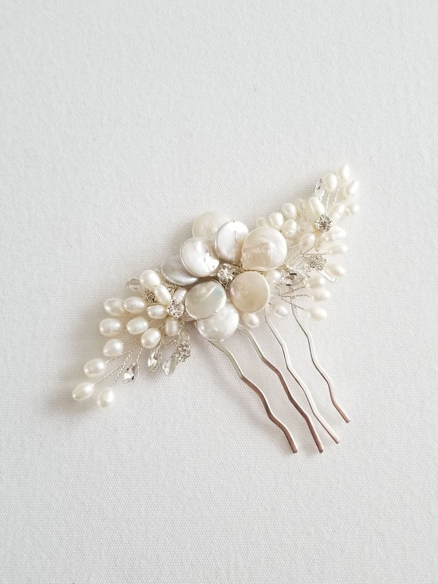 Freshwater Pearl Wedding Hair Comb, Pearl Crystal Bridal Hair Comb, Real Pearl Hair Comb for Bride - freshwater pearls, crystal rhinestones, wire, metal comb, metal leaves