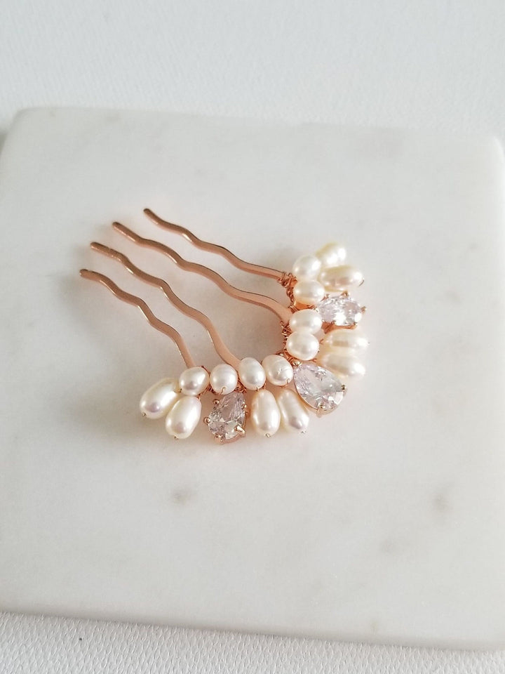 Small Bridal Hair Comb, Freshwater Pearl Wedding Hair Comb, Cubic Zirconia Freshwater Pearl Hair Comb for Bride - freshwater pearls, wire, metal comb, cubic zirconia