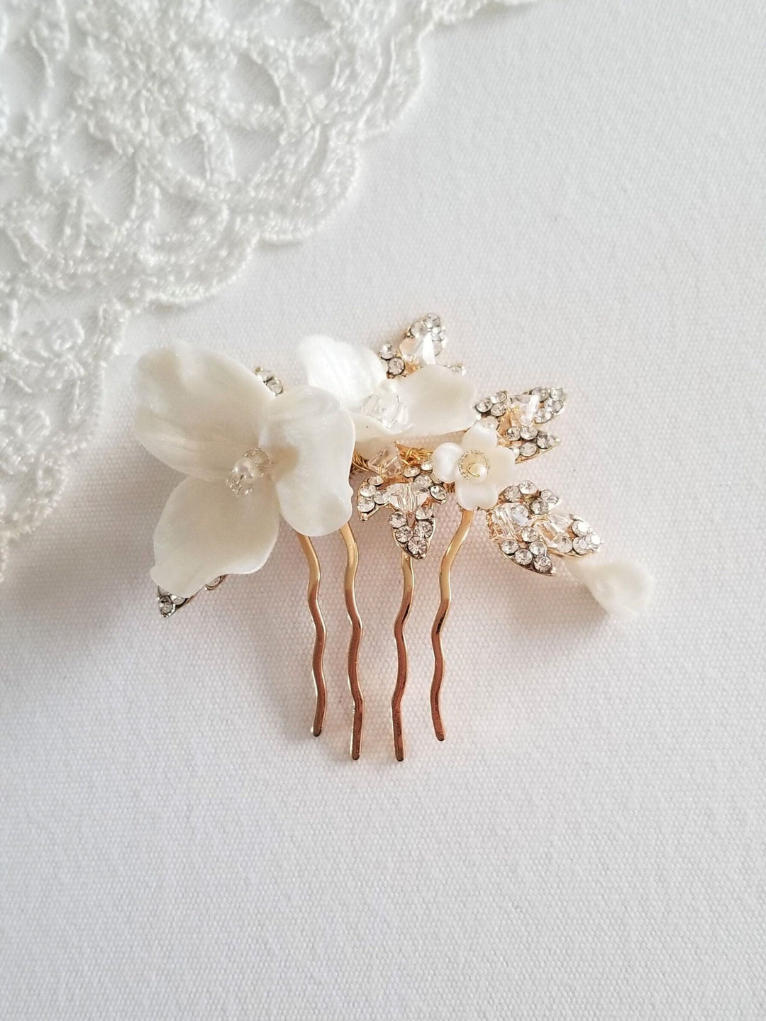 Gold Wedding Hair Comb Polymer Flowers, Gold Floral Wedding Hair Comb, Clay Flower Bridal Hair Comb - wire, metal comb, polymer clay flowers, rhinestone leaves, freshwater pearls