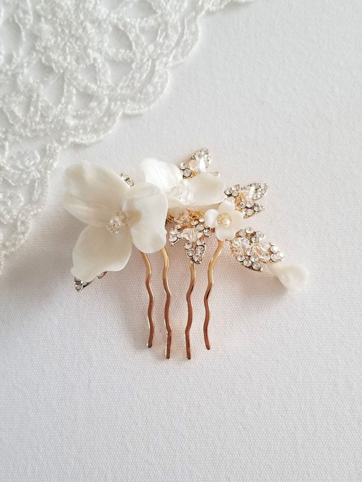 Gold Wedding Hair Comb Polymer Flowers, Gold Floral Wedding Hair Comb, Clay Flower Bridal Hair Comb - wire, metal comb, polymer clay flowers, rhinestone leaves, freshwater pearls