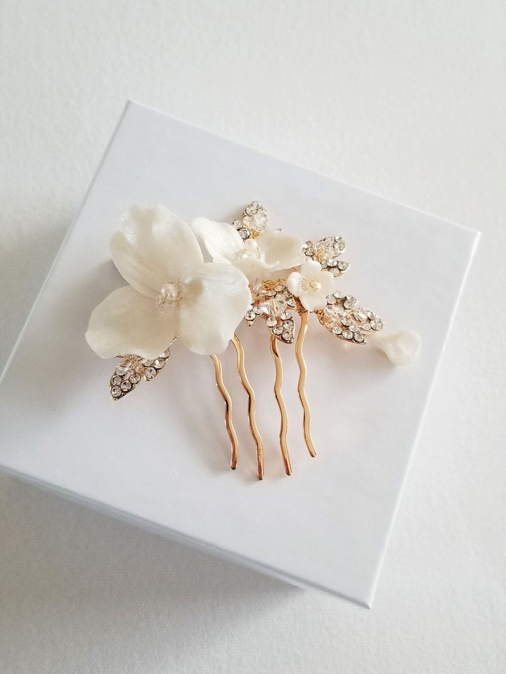 Gold Wedding Hair Comb Polymer Flowers, Gold Floral Wedding Hair Comb, Clay Flower Bridal Hair Comb - wire, metal comb, polymer clay flowers, rhinestone leaves, freshwater pearls