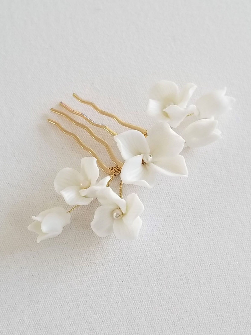 Wedding Hair Comb Porcelain Flowers, Small Floral Wedding Hair Comb, Clay Flower Bridal Hair Comb - Porcelain Flowers, Freshwater Pearls, Metal Comb, Wire, Seed Beads