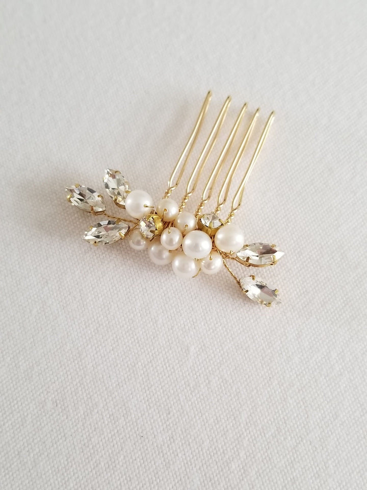 Wedding Hair Comb, Gold Freshwater Pearl Bridal Hair Comb, Silver Small Pearl Hair Comb - freshwater pearls, wire, metal comb, crystal rhinestones