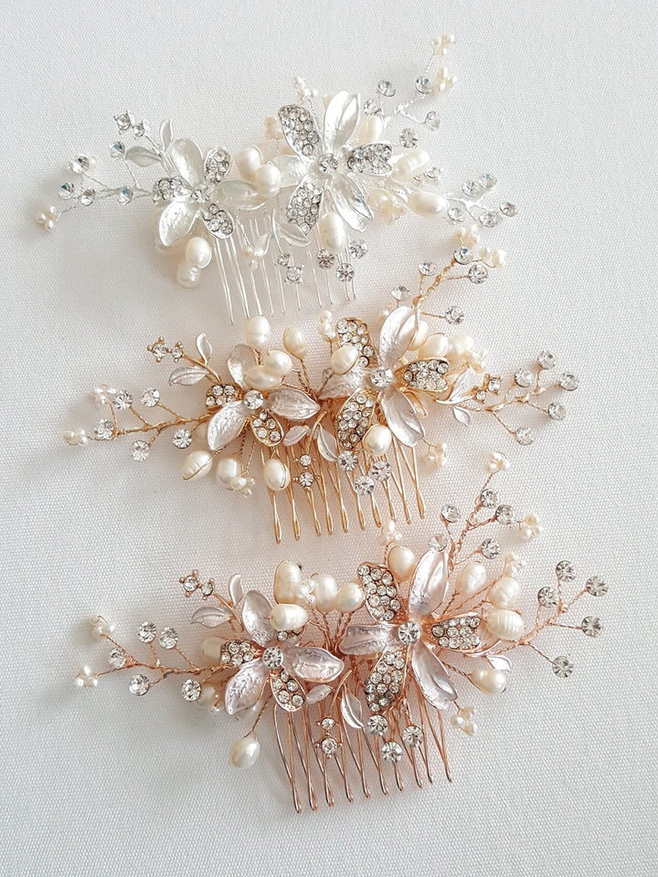 Wedding Hair Comb, Silver Wedding Headpiece, Crystal Pearl Bridal Comb, Gold Bridal Headpiece, Rose Gold Pearl Bridal Comb - crystal rhinestones, metal comb, silver metal base, freshwater pearls, wire