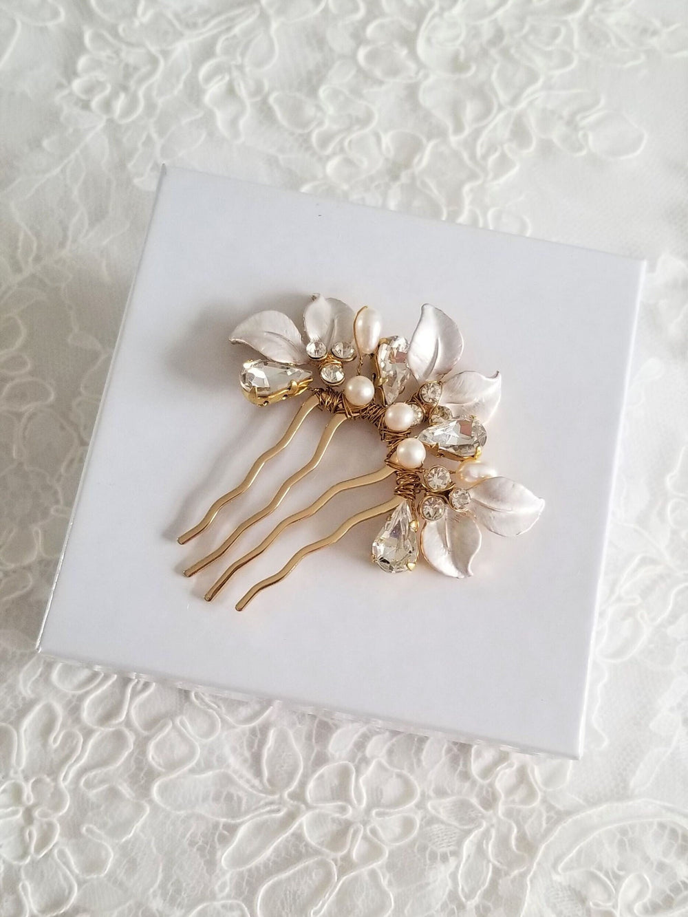 Wedding Hair Comb, Freshwater Pearl Floral Bridal Hair Comb, Gold Leaf Crystal Freshwater Pearl Hair Comb - freshwater pearls, wire, rhinestones, gold comb, metal leaves