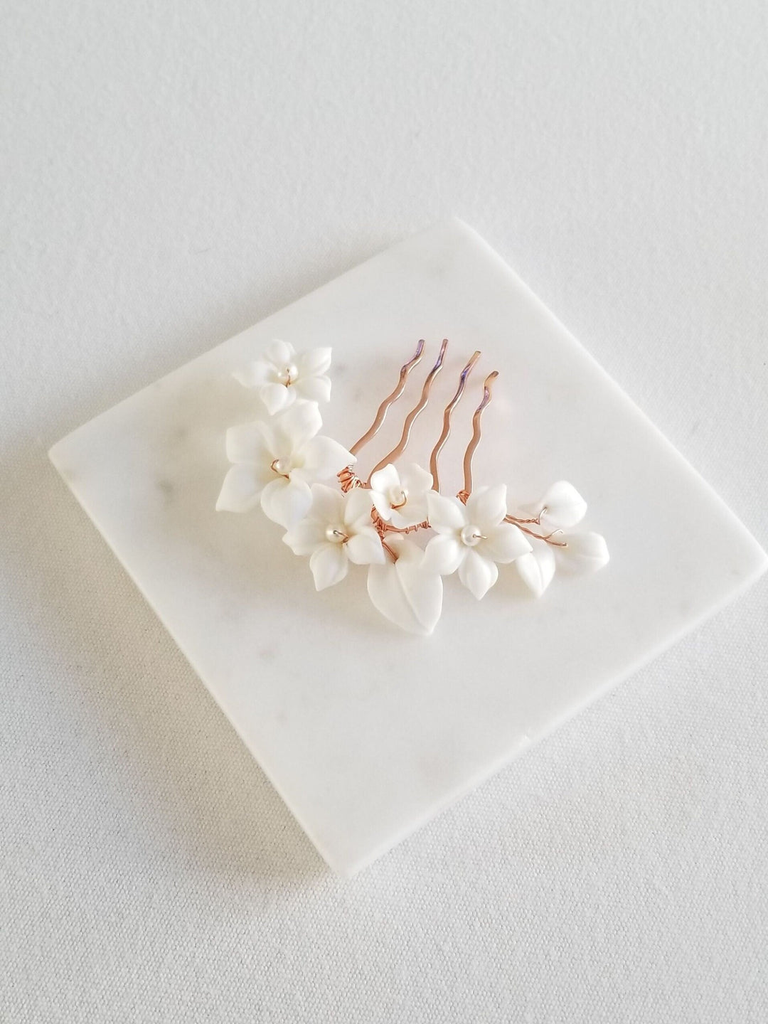 Bridal Hair Comb Porcelain Flowers, Small Floral Wedding Hair Comb, Clay Flower Bridal Hair Comb - Porcelain Flowers, Freshwater Pearls, Metal Comb, Wire, Seed Beads